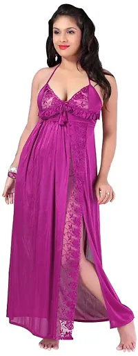 Magenta Women's Satin Lace Work Nightdress With Robe (Pack Of 2 Pcs)-thumb1