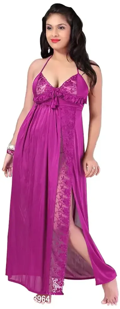 Magenta Women's Satin Lace Work Nightdress With Robe (Pack Of 2 Pcs)-thumb2