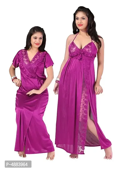 Magenta Women's Satin Lace Work Nightdress With Robe (Pack Of 2 Pcs)-thumb0