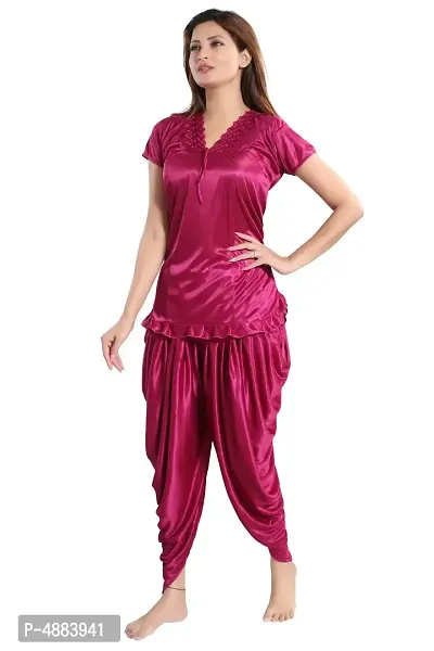 Magenta Women's Satin Night Suit, Top With Patiyal
