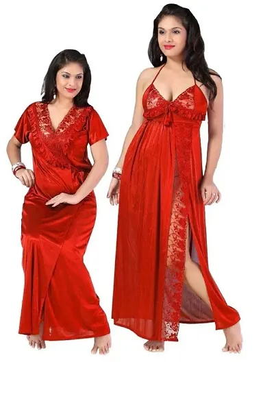 Fancy Satin Lace Work Nightdress With Robe