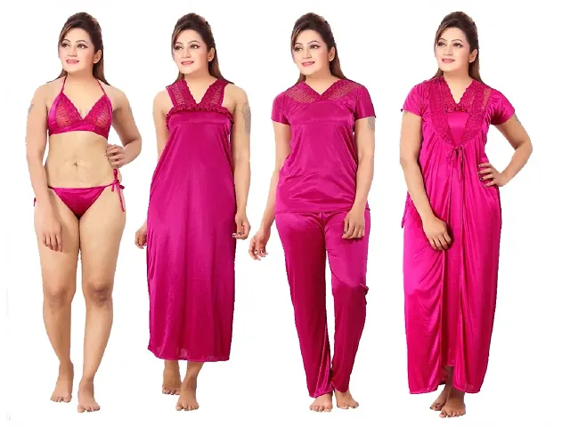 Fancy Satin Set Of 6 Pcs Nightwear Set for Women