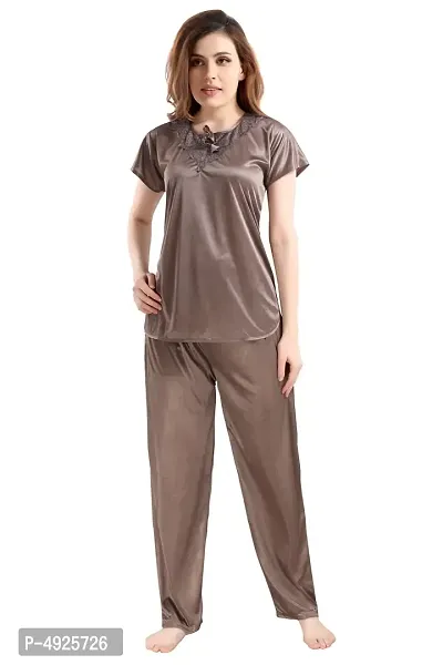 Women's Light Brown Satin Top and Pyjama Nightsuit