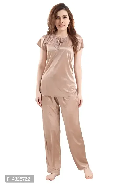 Women's Rosy Brownnbsp; Satin Top and Pyjama Nightsuit