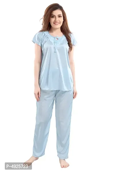 Women's Powder Bluenbsp; Satin Top and Pyjama Nightsuit