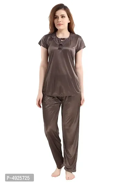 Women's Dark Brown Satin Top and Pyjama Nightsuit