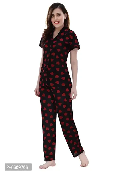 Womens Black Satin Printed Regular Length Top and Pyjama  (Free Size)-thumb3
