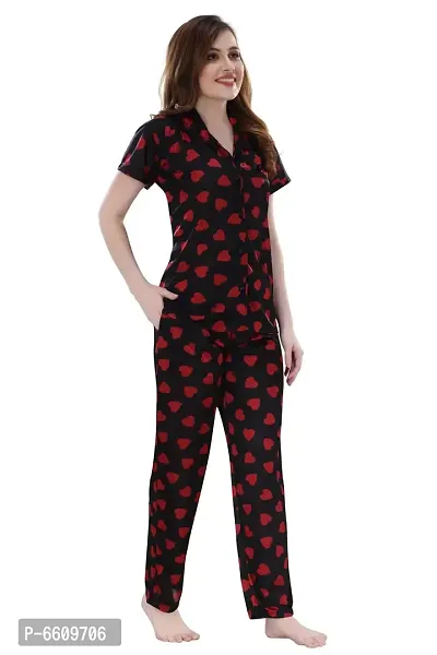 Womens Black Satin Printed Regular Length Top and Pyjama  (Free Size)-thumb4