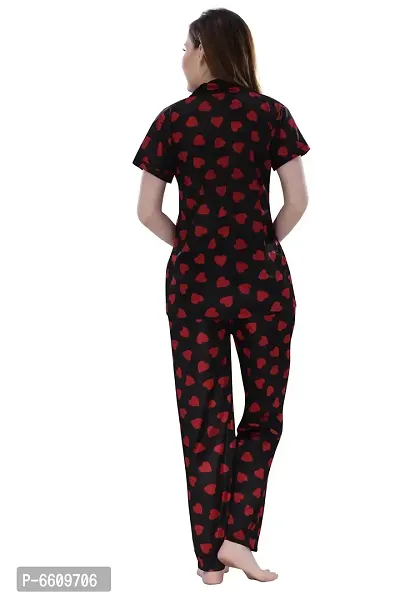 Womens Black Satin Printed Regular Length Top and Pyjama  (Free Size)-thumb2