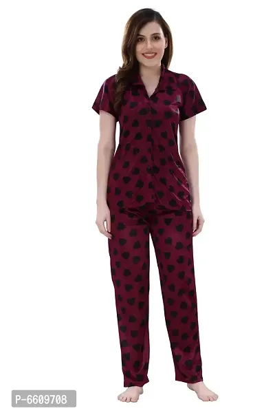 Womens Purple Satin Printed Regular Length Top and Pyjama  (Free Size)