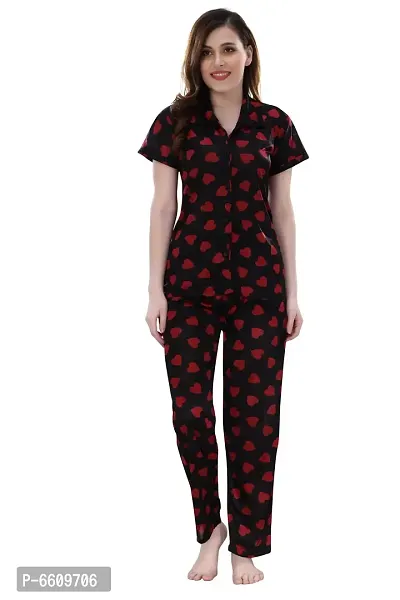 Womens Black Satin Printed Regular Length Top and Pyjama  (Free Size)