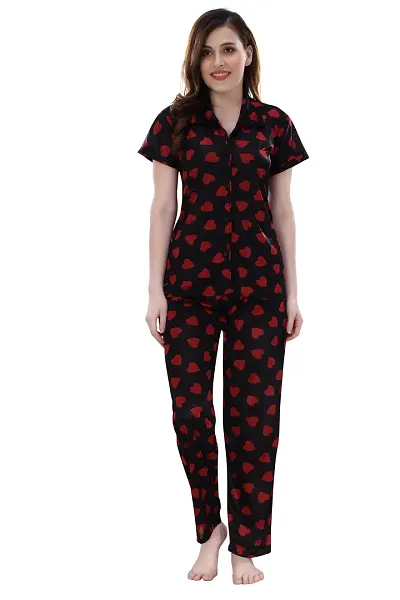 Satin Polka Print Collar Shirt Pajama Set/Night Suit Set For Women And Girls