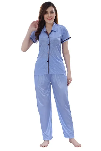 Satin Solid Collar Shirt Pajama Set/Night Suit Set For Women And Girls