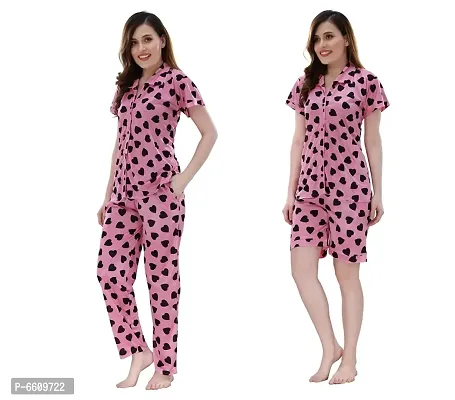 Womens Pink Satin Printed Regular Length Top and Pyjama with Shorts  (Free Size)-thumb3