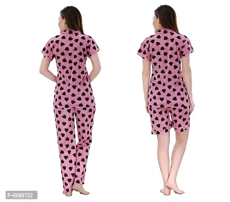 Womens Pink Satin Printed Regular Length Top and Pyjama with Shorts  (Free Size)-thumb2