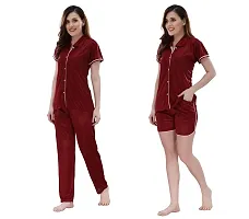 Womens Maroon Satin Solid Regular Length Top and Pyjama with Shorts  (Free Size)-thumb2