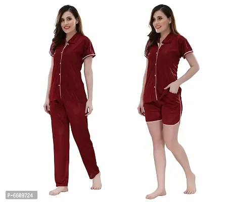 Womens Maroon Satin Solid Regular Length Top and Pyjama with Shorts  (Free Size)-thumb3