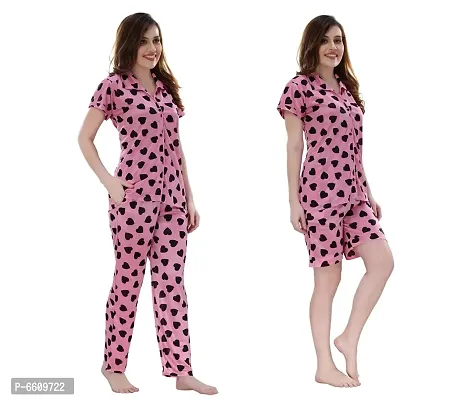 Womens Pink Satin Printed Regular Length Top and Pyjama with Shorts  (Free Size)-thumb4
