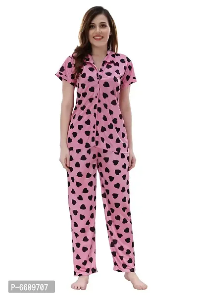 Womens Pink Satin Printed Regular Length Top and Pyjama  (Free Size)