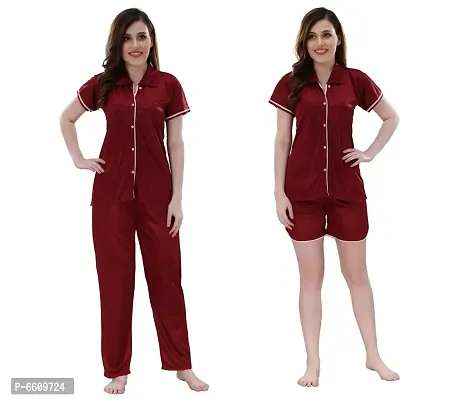 Womens Maroon Satin Solid Regular Length Top and Pyjama with Shorts  (Free Size)-thumb0
