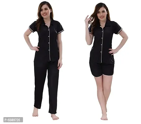 Womens Black Satin Solid Regular Length Top and Pyjama with Shorts  (Free Size)