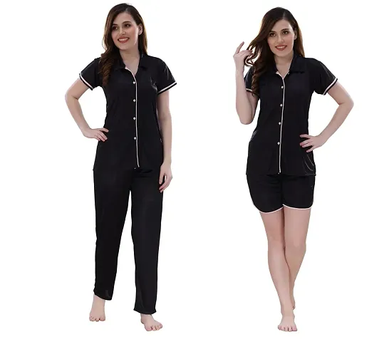 Satin Solid Collar Shirt Pajama Set/Night Suit Set For Women And Girls