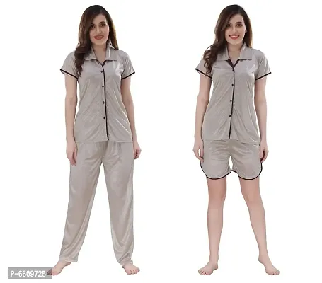 Womens Grey Satin Solid Regular Length Top and Pyjama with Shorts  (Free Size)