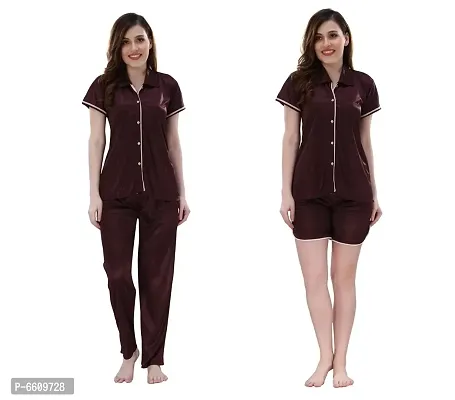 Womens Brown Satin Solid Regular Length Top and Pyjama with Shorts  (Free Size)