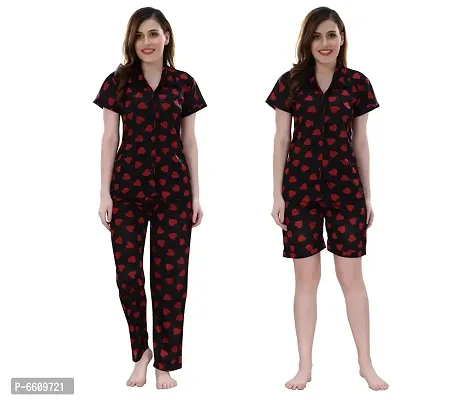 Womens Black Satin Printed Regular Length Top and Pyjama with Shorts  (Free Size)