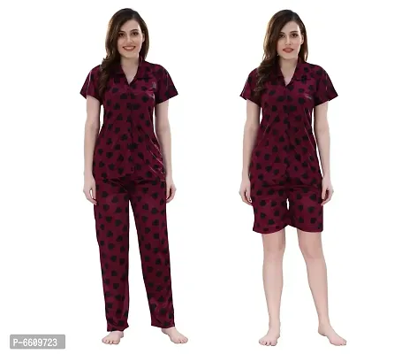 Womens Purple Satin Printed Regular Length Top and Pyjama with Shorts  (Free Size)