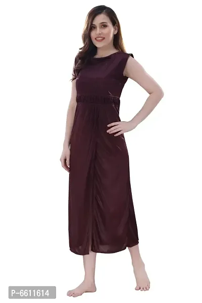 Women Brown Satin Solid Midi Length Nightgown  (Free Size)-thumb3