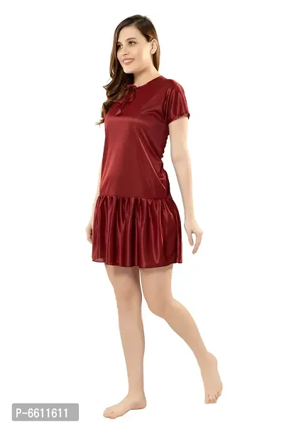 Women Maroon Satin Solid Above Knee Length Nightgown  (Free Size)-thumb3