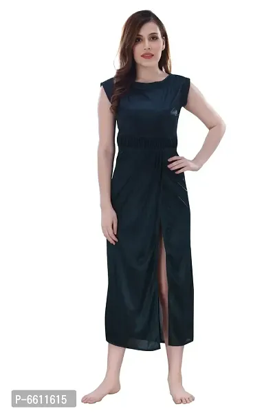 Women Green Satin Solid Midi Length Nightgown  (Free Size)