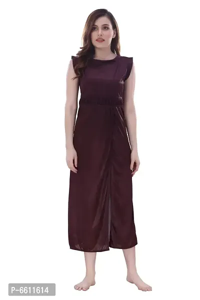 Women Brown Satin Solid Midi Length Nightgown  (Free Size)-thumb0