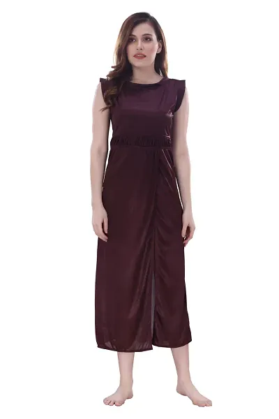 Women Satin Solid Midi Length Nightgown