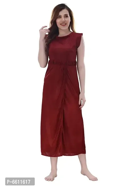 Women Maroon Satin Solid Midi Length Nightgown  (Free Size)