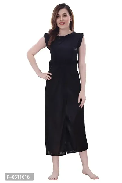 Women Black Satin Solid Midi Length Nightgown  (Free Size)