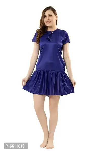 Women Blue Satin Solid Above Knee Length Nightgown  (Free Size)