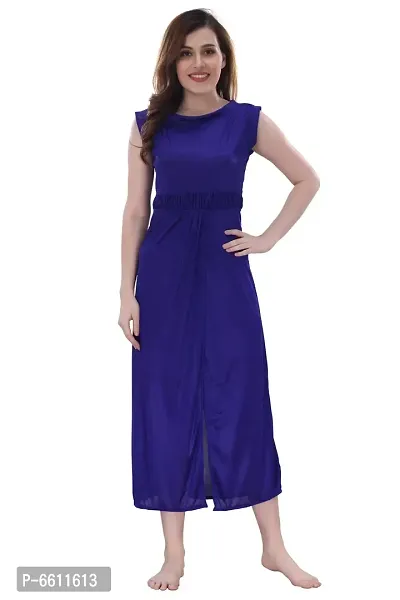 Women Blue Satin Solid Midi Length Nightgown  (Free Size)