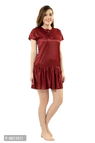 Women Maroon Satin Solid Above Knee Length Nightgown  (Free Size)-thumb4