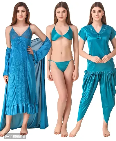 Romaisa Women`s Satin Nightwear Set of 4 Pcs Nighty, Wrap Gown