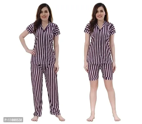 Romaisa Women's Satin Printed Nightsuit Regular Length Top and Pyjama with Shorts (PT209-329_Magenta_Free Size) (Nightsuit Set Pack of 3)