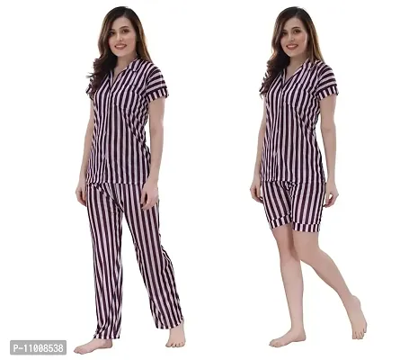 Romaisa Women's Satin Printed Nightsuit Regular Length Top and Pyjama with Shorts (PT209-329_Magenta_Free Size) (Nightsuit Set Pack of 3)-thumb3