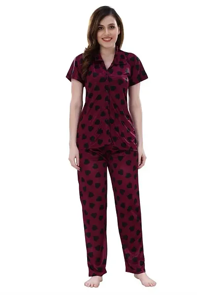 Women's Satin Printed Regular Length Top and Pyjama (Free Size)