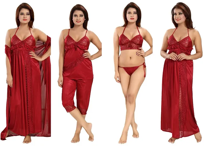 Romaisa Women's Satin Solid Maxi Length Nighty, Wrap Gown, Top, Capri, Bra & Thong _Nightwear Set Pack of 6_Free Size