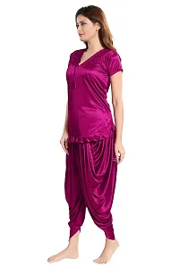 Romaisa Women's Satin Solid Nightsuit Regular Length Top with Pyjama (PT150-329_Dark Magenta_Free Size)-thumb3