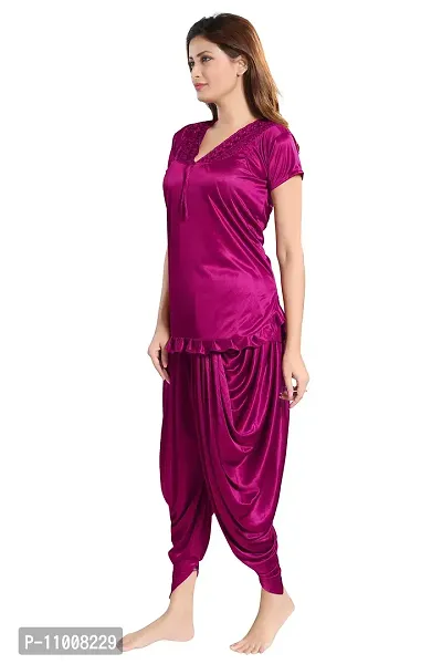 Romaisa Women's Satin Solid Nightsuit Regular Length Top with Pyjama (PT150-329_Dark Magenta_Free Size)-thumb4