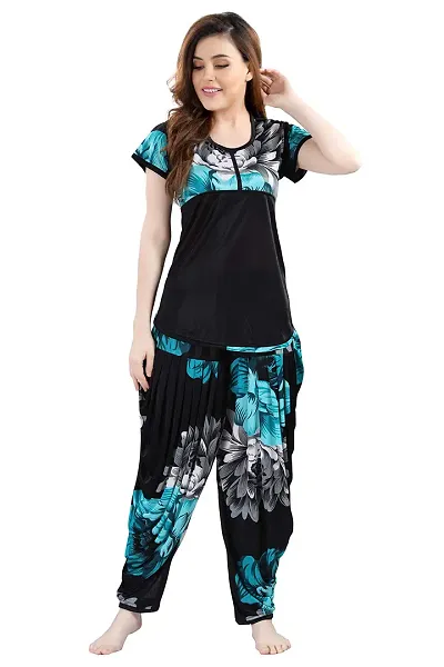 Romaisa Women's Satin Floral Nightsuit Regular Length Top with Pyjama _Free Size