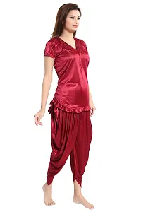 Romaisa Women's Satin Solid Nightsuit Regular Length Top with Pyjama (PT145-333_Maroon_Free Size)-thumb2