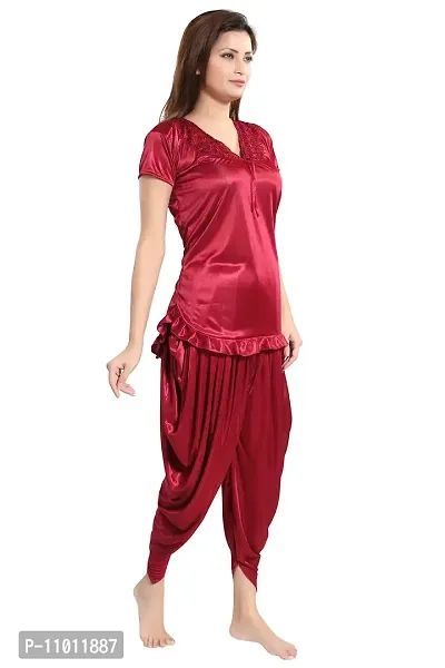 Romaisa Women's Satin Solid Nightsuit Regular Length Top with Pyjama (PT145-333_Maroon_Free Size)-thumb3